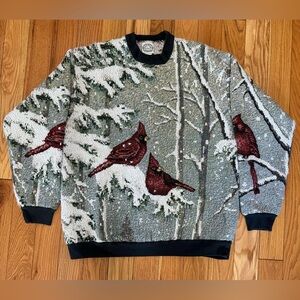 Sugar Street Weavers Tapestry Winter Snow Cardinal Birds Sweater XL Made USA
